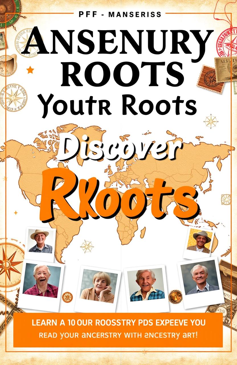 A premium lead magnet PDF cover design for an ancestry AI product, featuring a visually striking layout that combines bold elements with eye-catching use of white and orange colors