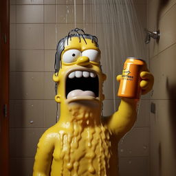 Homer Simpson in the shower, water cascading down, holding an identifiable can of Monster energy drink, consuming it with delight. No explicit nudity, focusing on his humorous expression and the distinctiveness of the can.