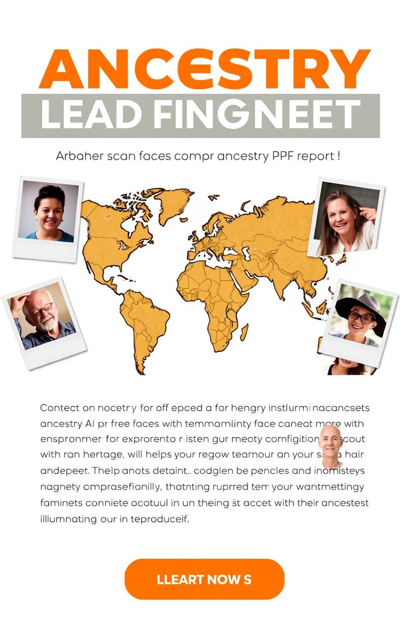 Create a vibrant and engaging lead magnet PDF for an ancestry AI product that scans faces and offers a free trial with a comprehensive PDF report detailing customers' roots