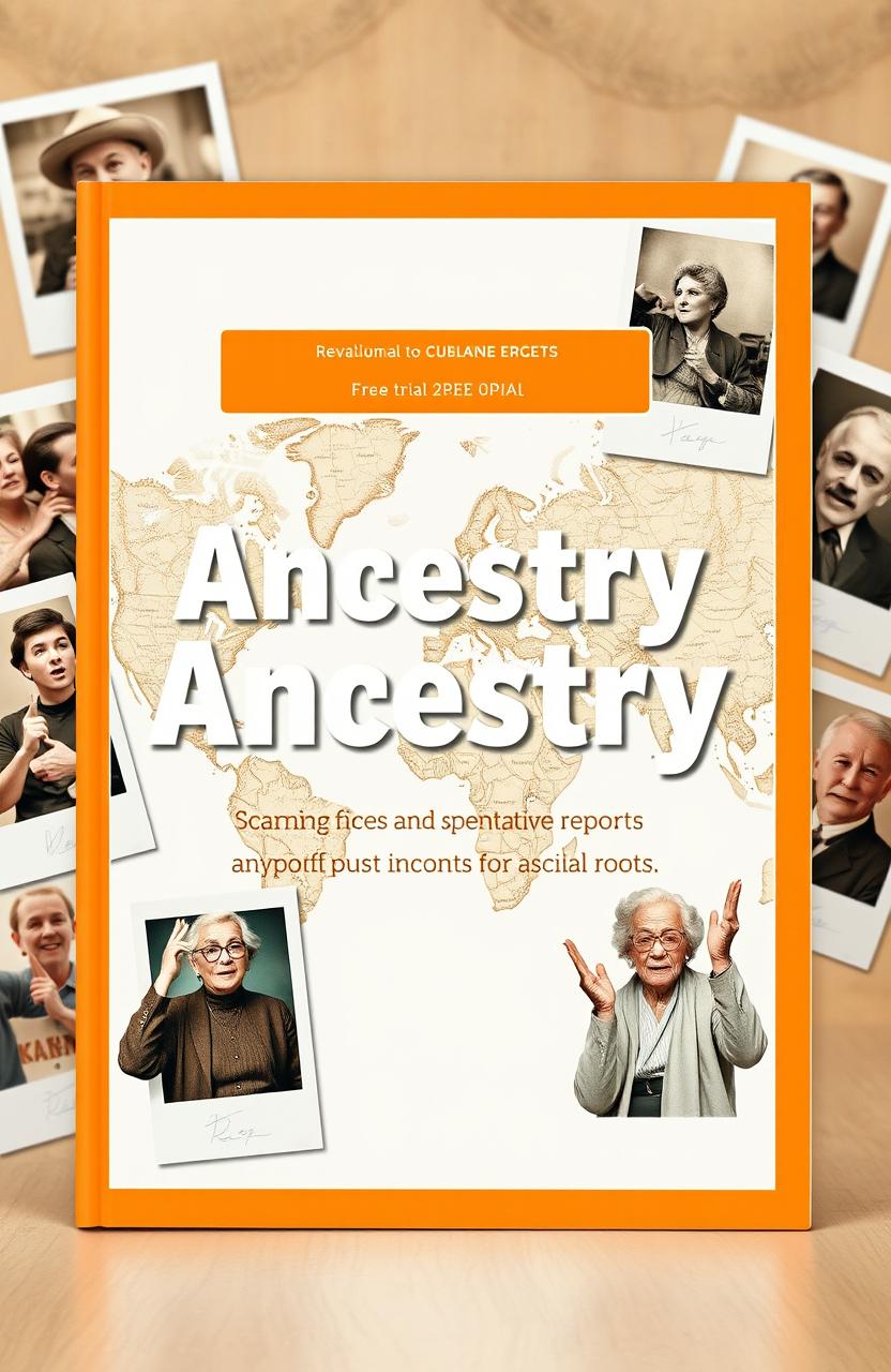 A visually striking lead magnet PDF design for an ancestry AI product, featuring a white and orange color scheme that is bold and eye-catching