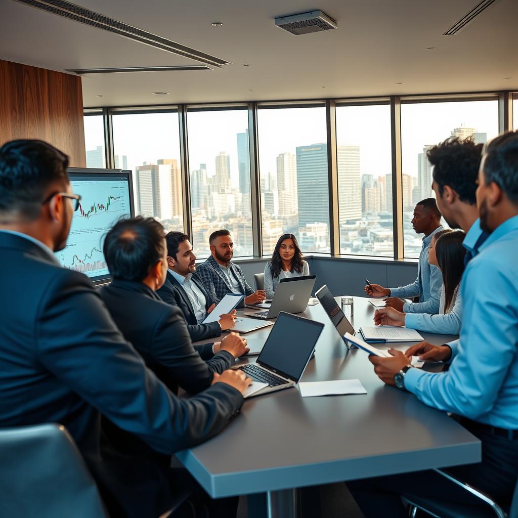 A visually engaging scene of a trading course in an elegant, modern classroom