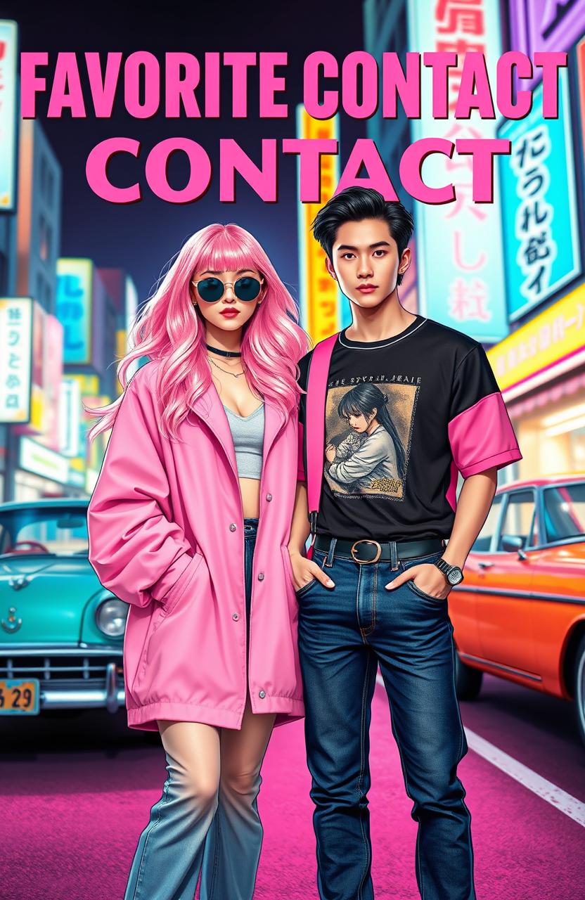 An artistic cover for a citypop style music project titled "FAVORITE CONTACT" featuring two stylish characters
