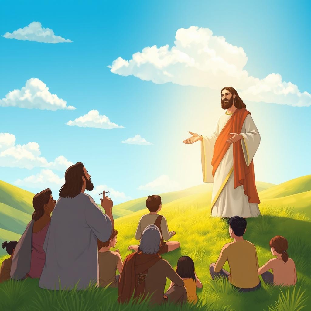 A serene landscape depicting the Sermon on the Mount, featuring Jesus standing on a hill addressing a diverse crowd with a peaceful expression