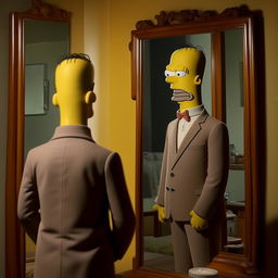 Homer Simpson standing in front of a mirror dressed in a snazzy suit, admiring his reflection. His attire is sharp and crisp, capturing a rare elegant moment of the character.