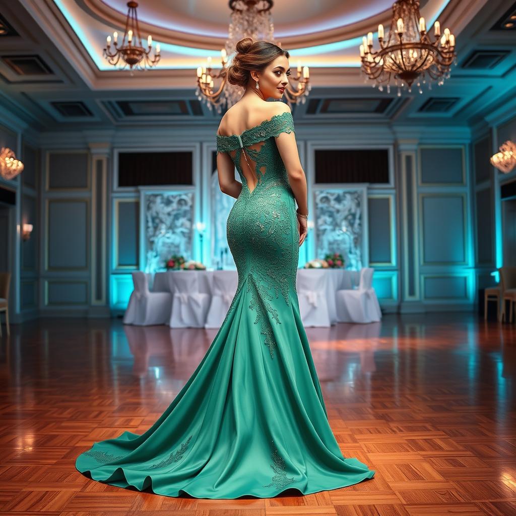 a stunning evening gown, flowing fabric with intricate lace detailing, vibrant emerald green, off-the-shoulder neckline, elegantly draped silhouette, adorned with sparkling sequins and gemstones, a train that sweeps the floor, perfect lighting highlighting the details, set against a glamorous backdrop of a luxurious ballroom, with softly glowing chandeliers above, exquisite wooden dance floor