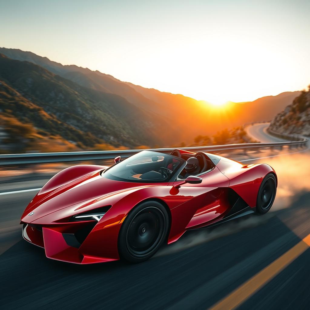 A sleek, futuristic supercar speeding down a winding mountain road with stunning scenery in the background