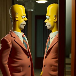 Homer Simpson standing in front of a mirror dressed in a snazzy suit, admiring his reflection. His attire is sharp and crisp, capturing a rare elegant moment of the character.