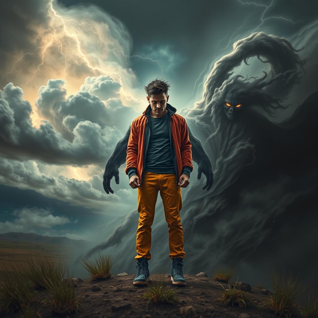 a dramatic and intense self-battle scene, depicting a person standing against a shadowy, darker version of themselves, set in a surreal landscape