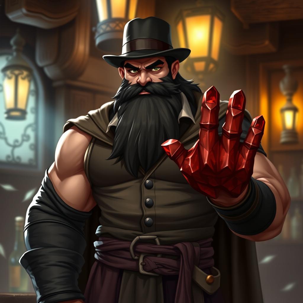 A muscular bouncer-monk character with a thick pitchy black beard