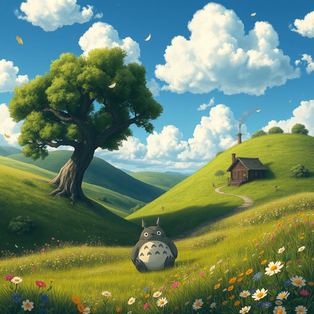 A whimsical and enchanting landscape inspired by Studio Ghibli films, featuring lush green hills, vibrant wildflowers, and a serene blue sky dotted with fluffy white clouds