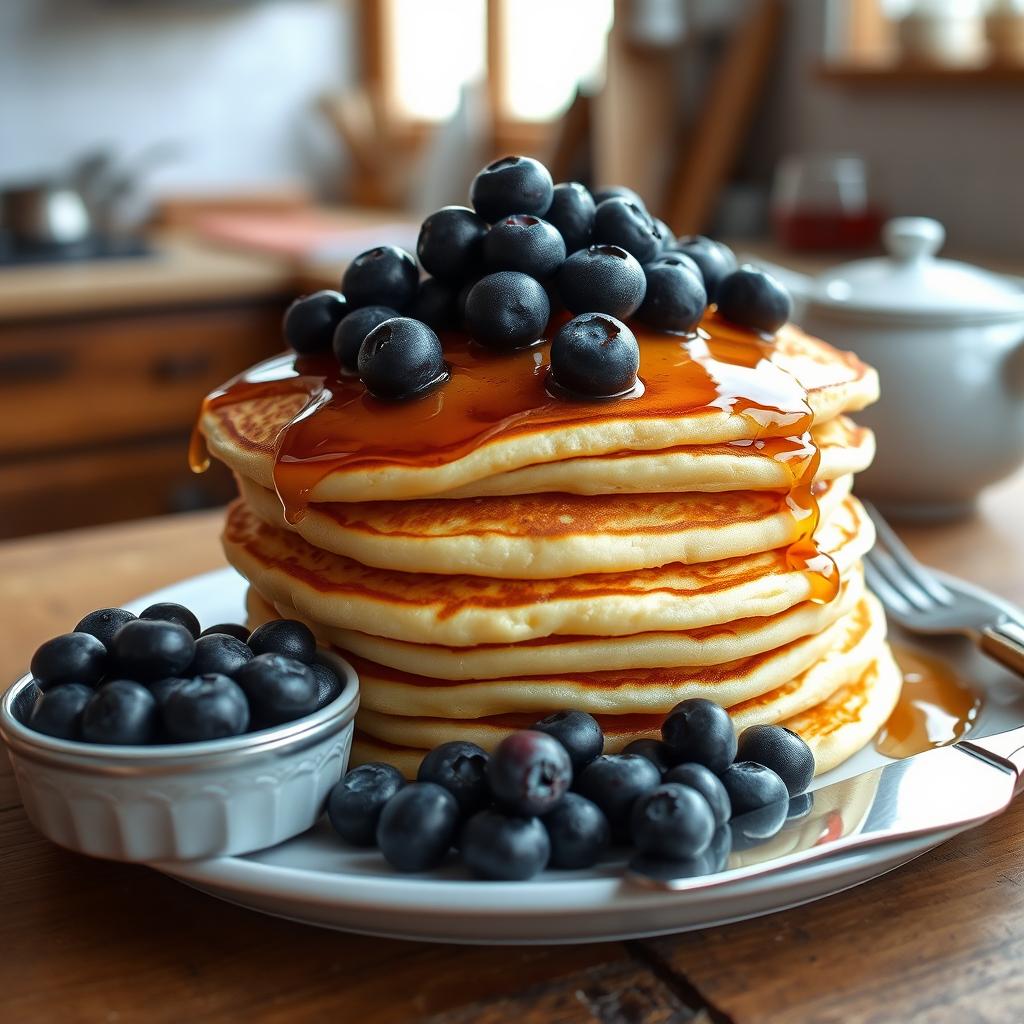 A stack of fluffy, golden pancakes, artfully arranged on a rustic wooden table