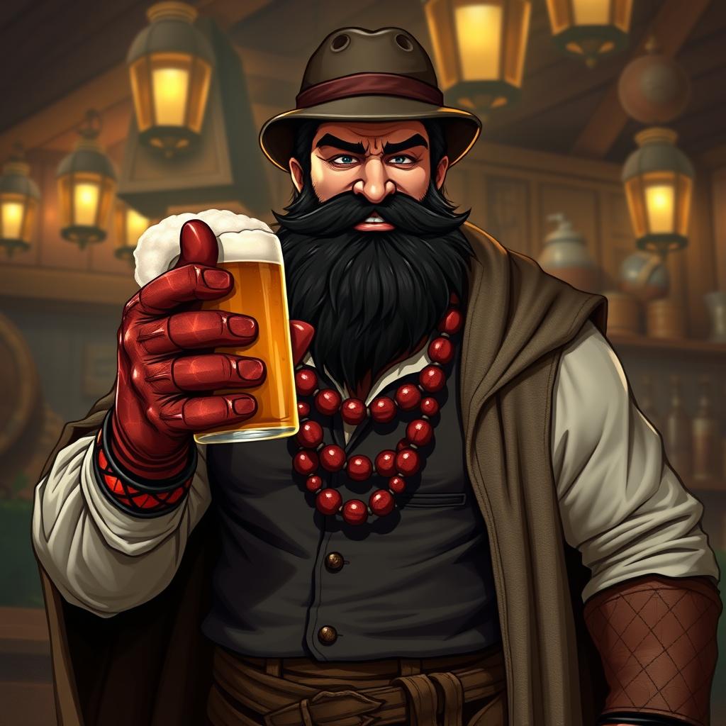 A good-natured muscular bouncer-monk character with a thick resinous black beard