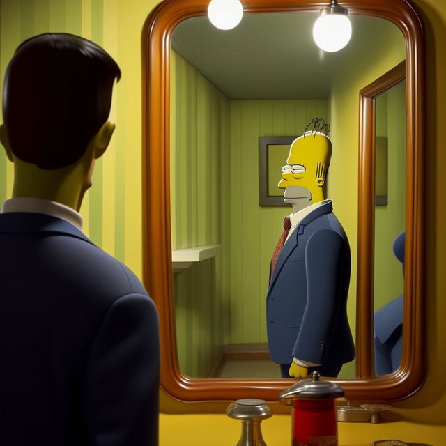 Homer Simpson standing in front of a mirror dressed in a snazzy suit, admiring his reflection. His attire is sharp and crisp, capturing a rare elegant moment of the character.