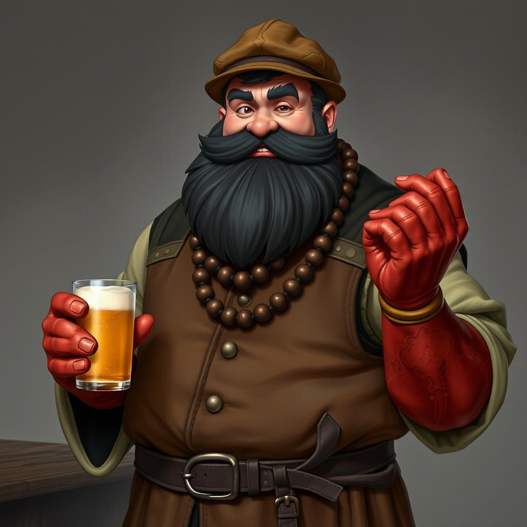 A muscular and good-natured bouncer-monk character stands confidently, showcasing his thick resinous black beard and unique features