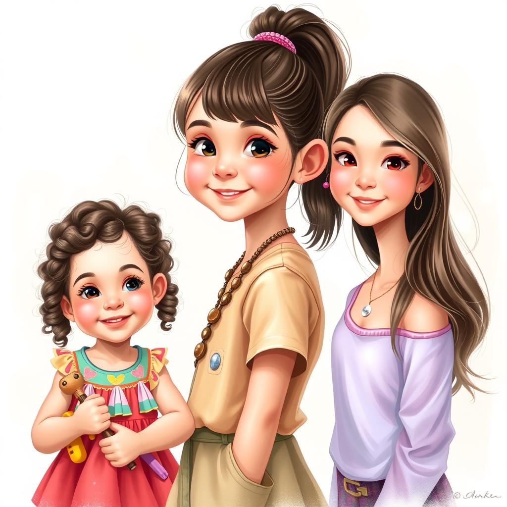 An artistic portrait depicting the imagined appearance of a young girl at three stages of her life: at age 5, age 10, and age 15