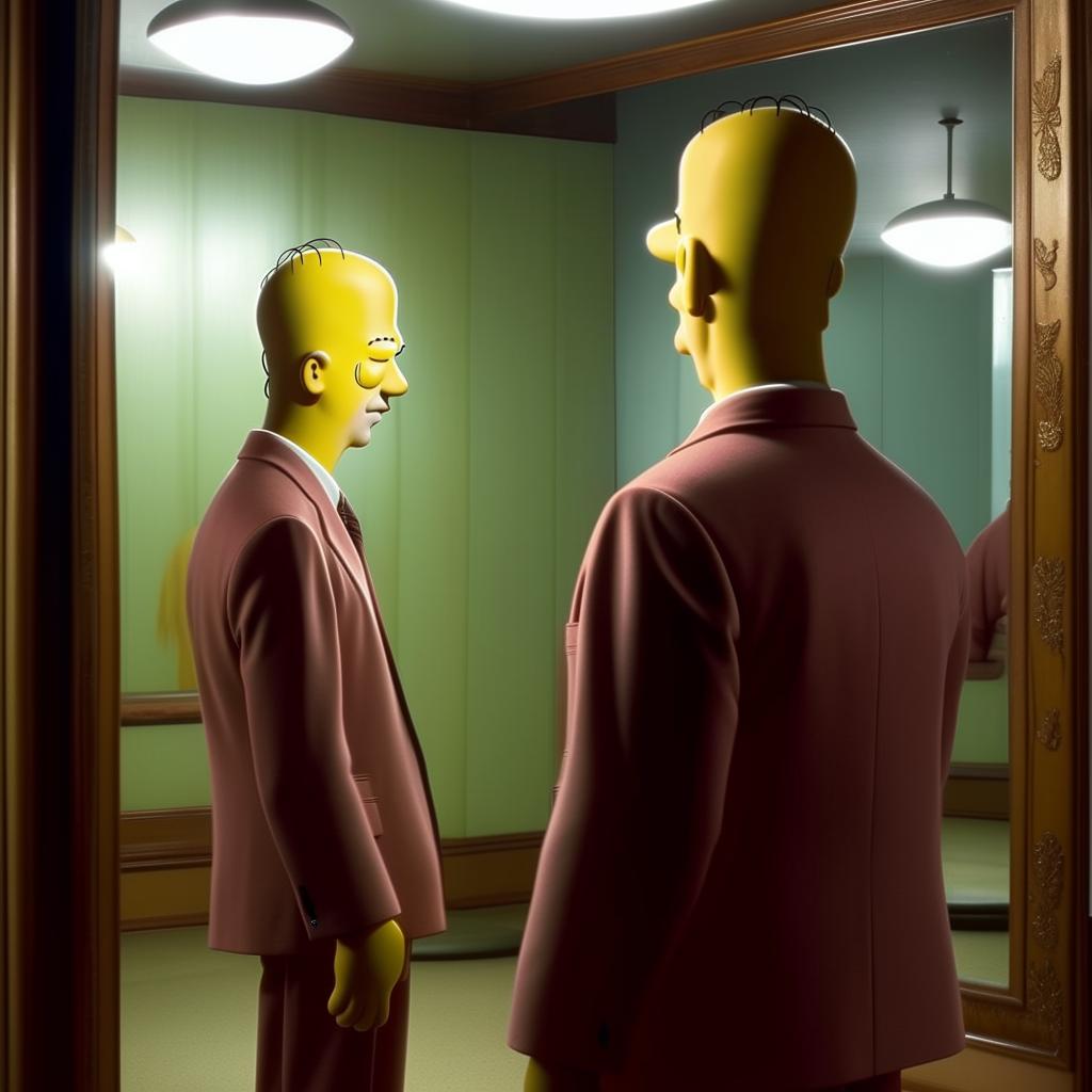 Homer Simpson standing in front of a mirror dressed in a snazzy suit, admiring his reflection. His attire is sharp and crisp, capturing a rare elegant moment of the character.