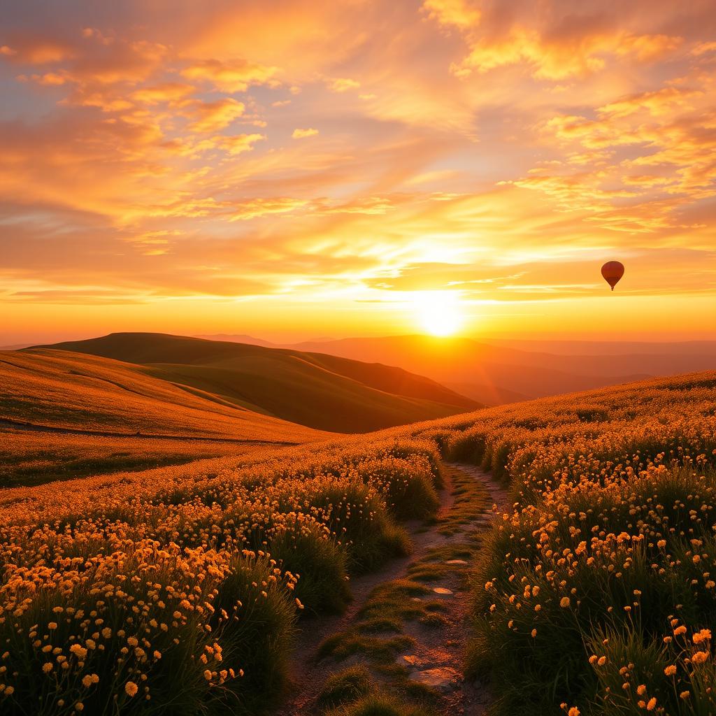 An artistic Instagram post titled 'Goldene Erinnerungen', featuring a beautiful golden sunset over a serene landscape