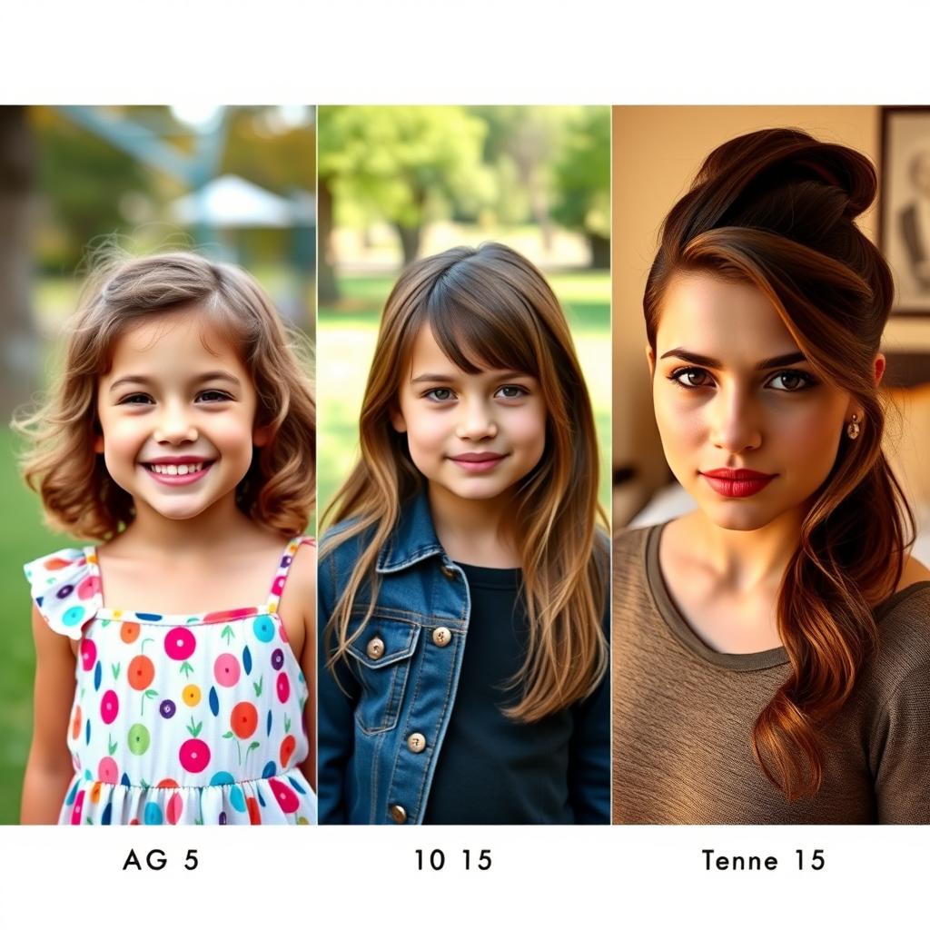 A portrait series depicting the evolution of a girl from ages 5 to 10 to 15, showcasing features inherited from her parents