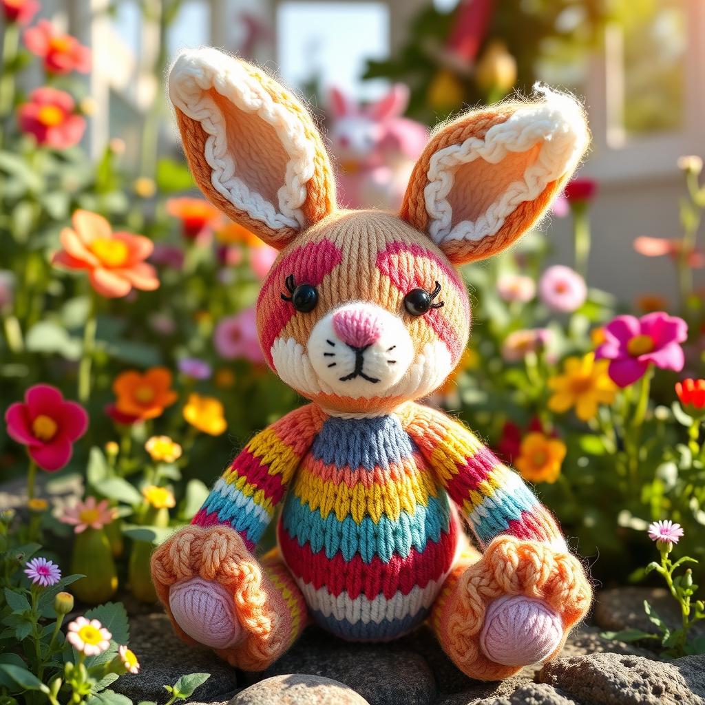 A beautifully hand-knitted toy in the shape of a colorful bunny, featuring intricate details like stitched facial features, long floppy ears, and a soft pink nose