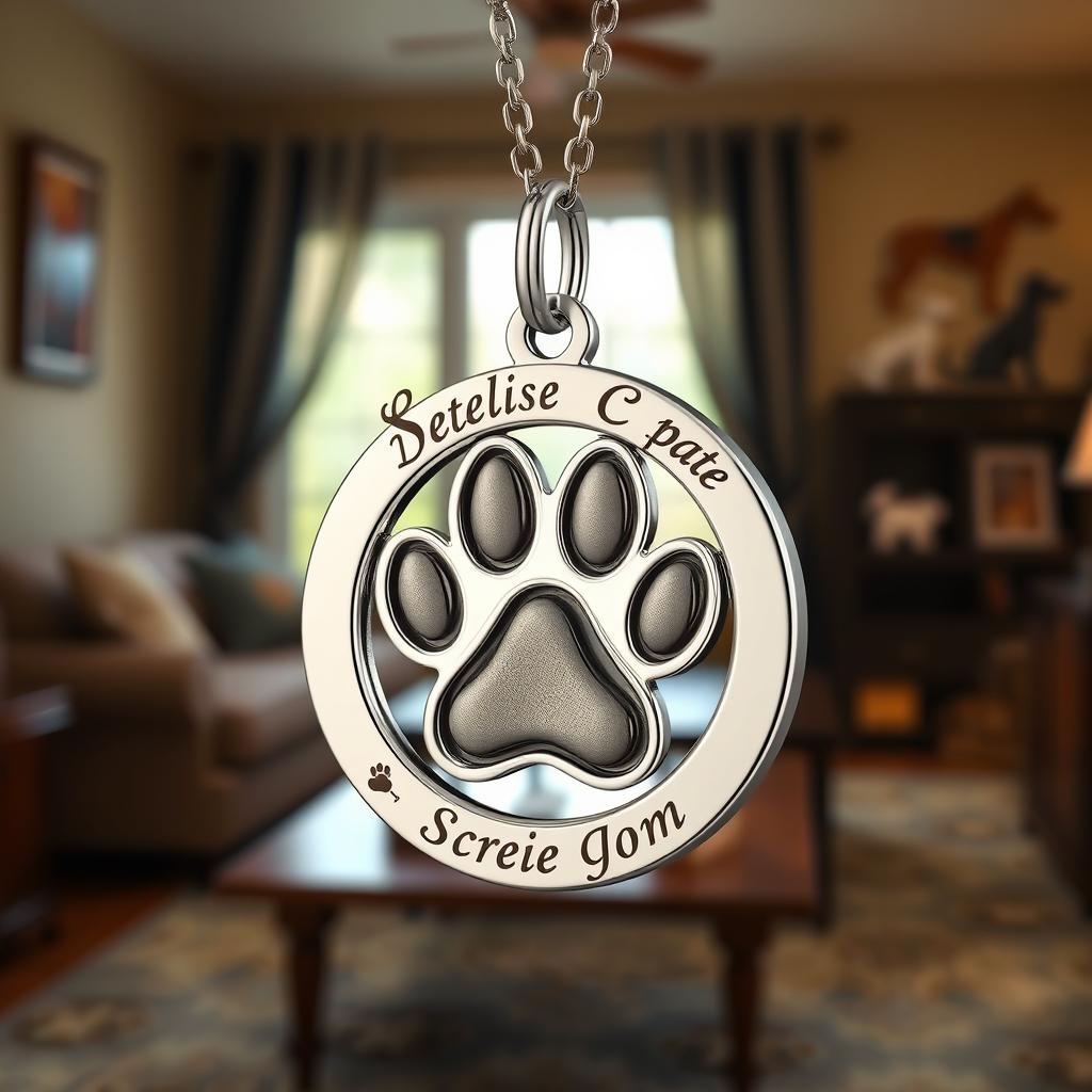 A beautifully crafted piece of personalized jewelry featuring a dog's paw print, showcasing exquisite details such as intricate engravings and a shiny finish
