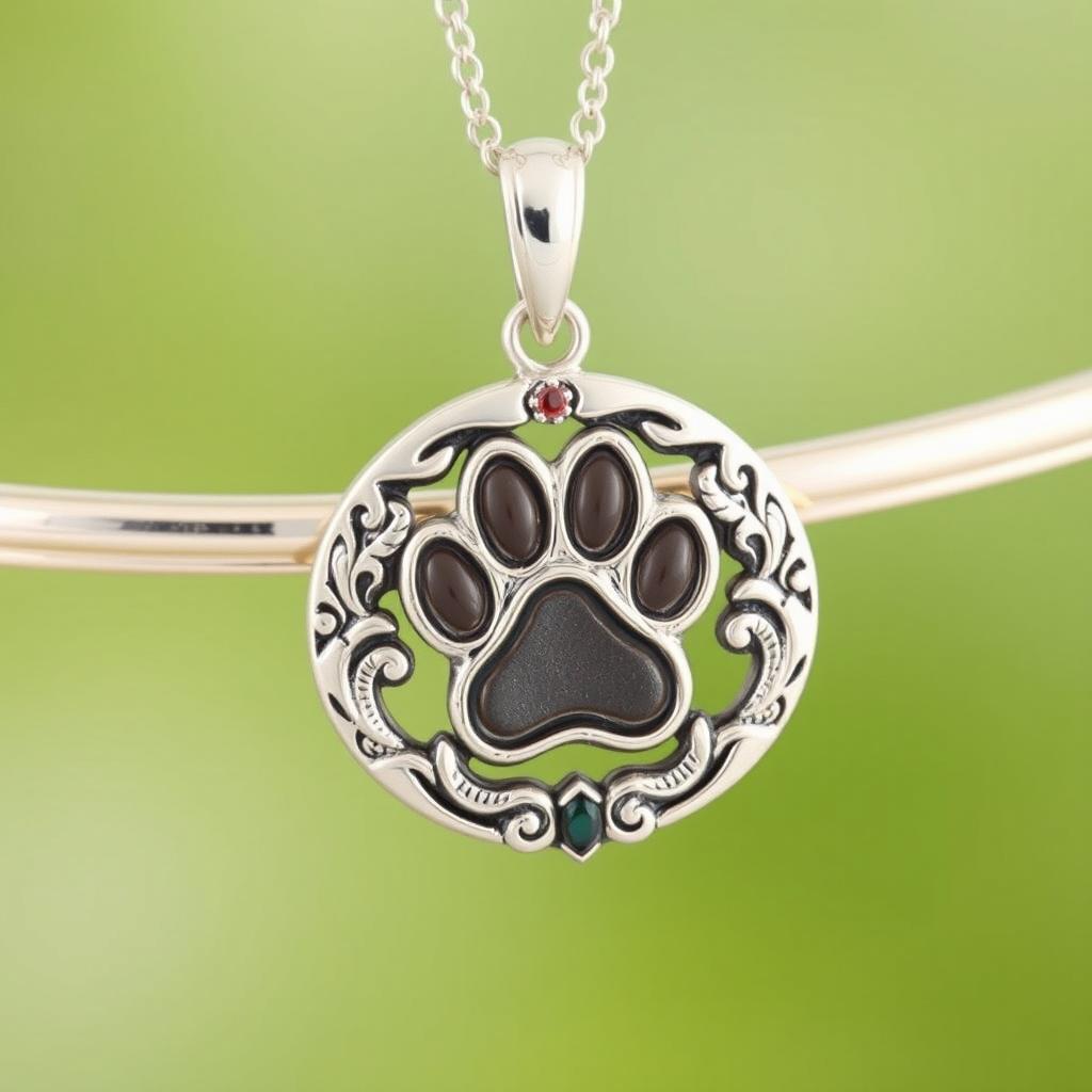 A personalized piece of jewelry featuring a dog's paw print