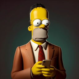 Homer Simpson in a stylish suit, intently texting on a modern smartphone. His facial expression shows concentration, and a hint of confusion typical of the character dealing with technology.