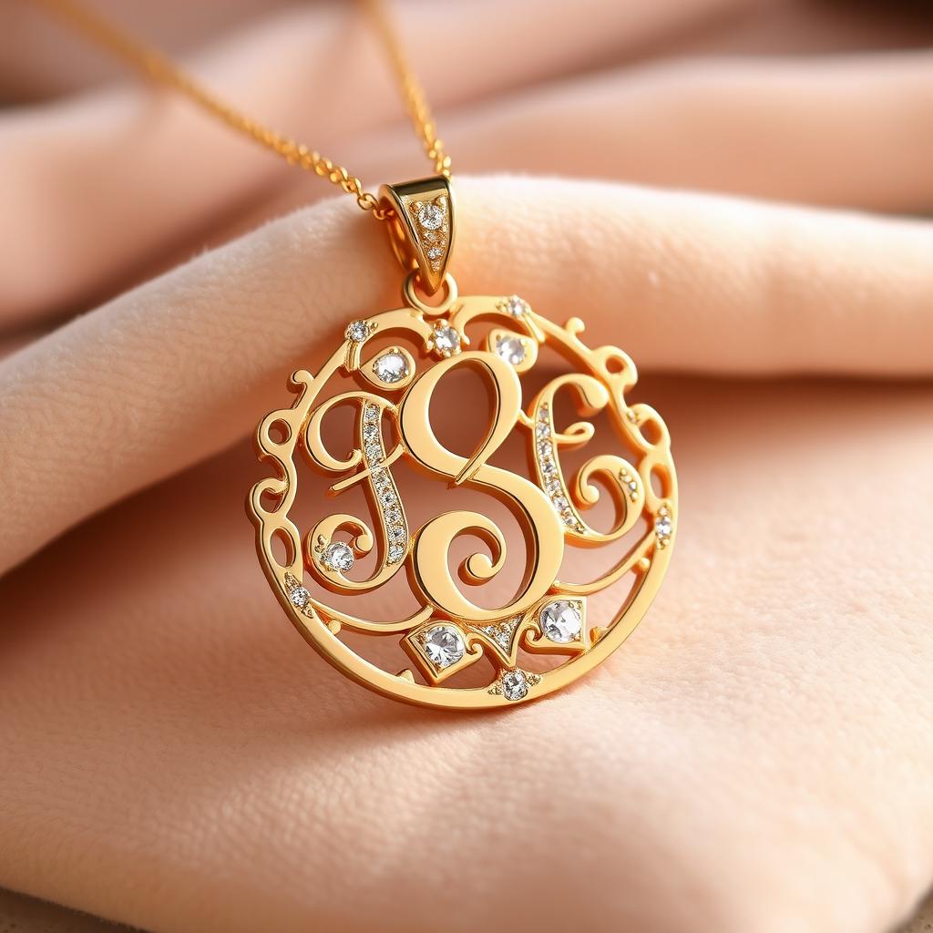 A beautifully crafted piece of personalized jewelry, featuring an intricate design that incorporates initials and meaningful symbols