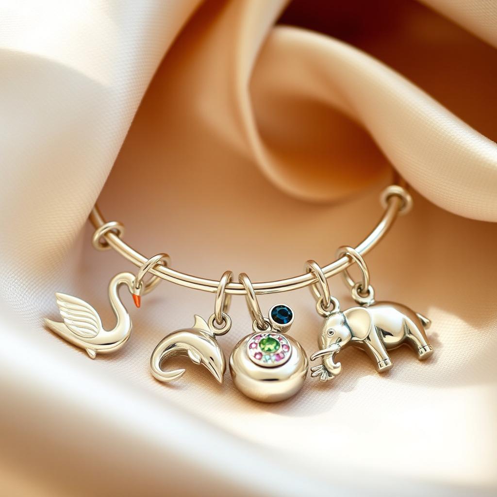 A stunning piece of personalized jewelry featuring animal motifs, such as a beautifully designed silver bracelet with charms shaped like various animals, including a graceful swan, a playful dolphin, and a majestic elephant, each intricately detailed