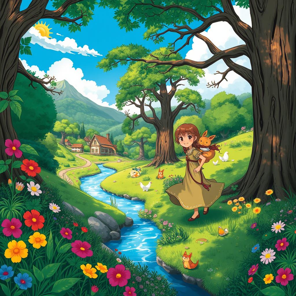 A whimsical, enchanting forest scene in the style of Studio Ghibli, featuring lush greenery, colorful flowers, and cute, fantastical creatures peeking through the foliage