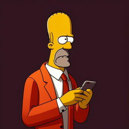 Homer Simpson in a stylish suit, intently texting on a modern smartphone. His facial expression shows concentration, and a hint of confusion typical of the character dealing with technology.