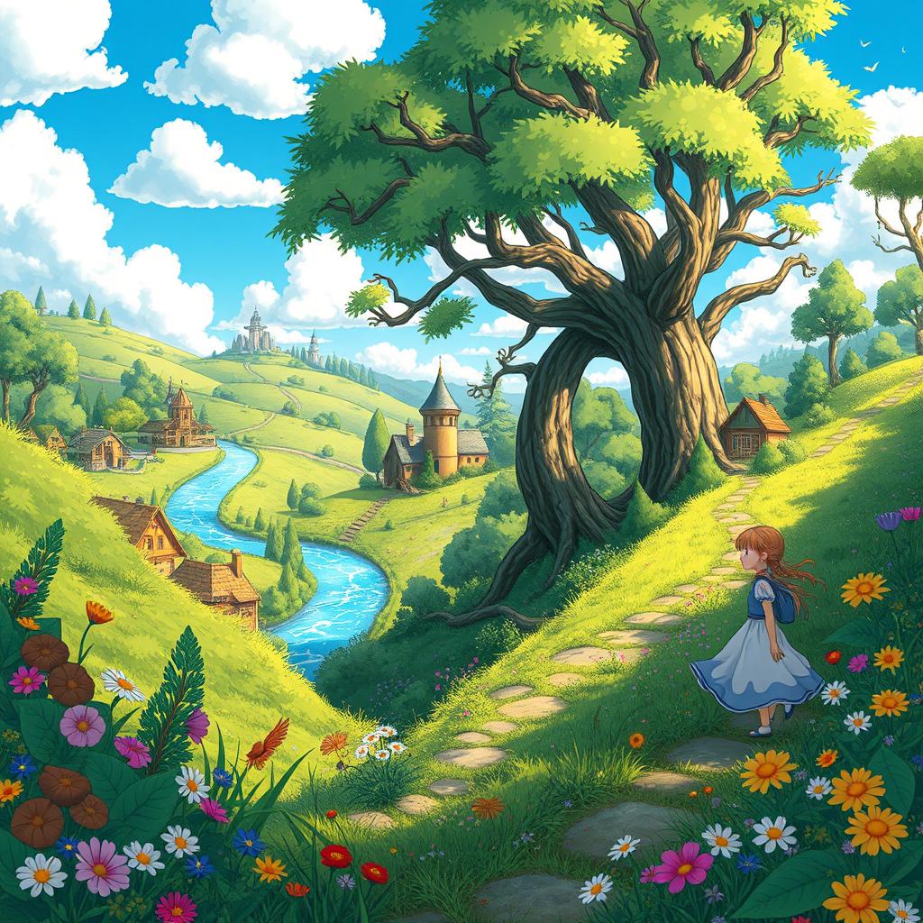 A whimsical, enchanting forest scene in the style of Studio Ghibli, featuring lush, vibrant greenery and colorful flowers