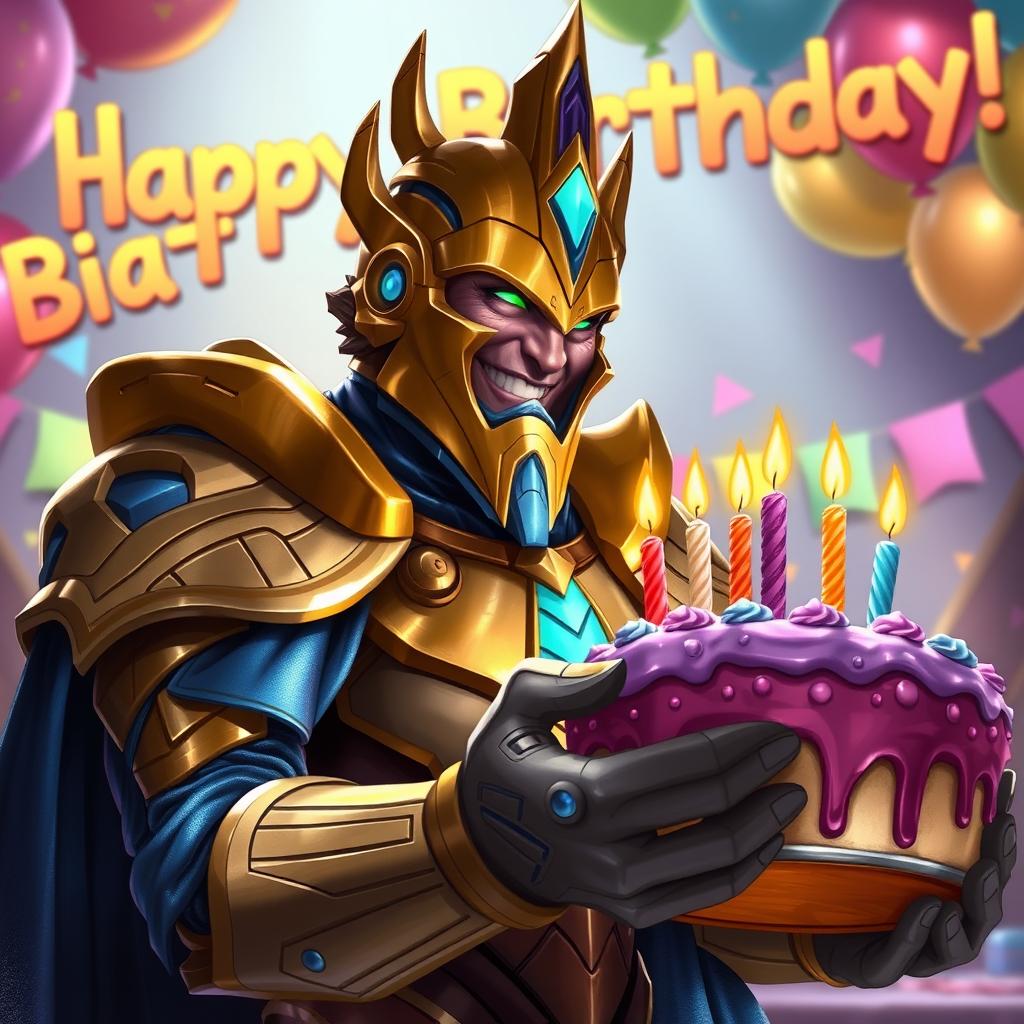 A detailed illustration of Artanis from StarCraft 2, cheerfully celebrating a birthday