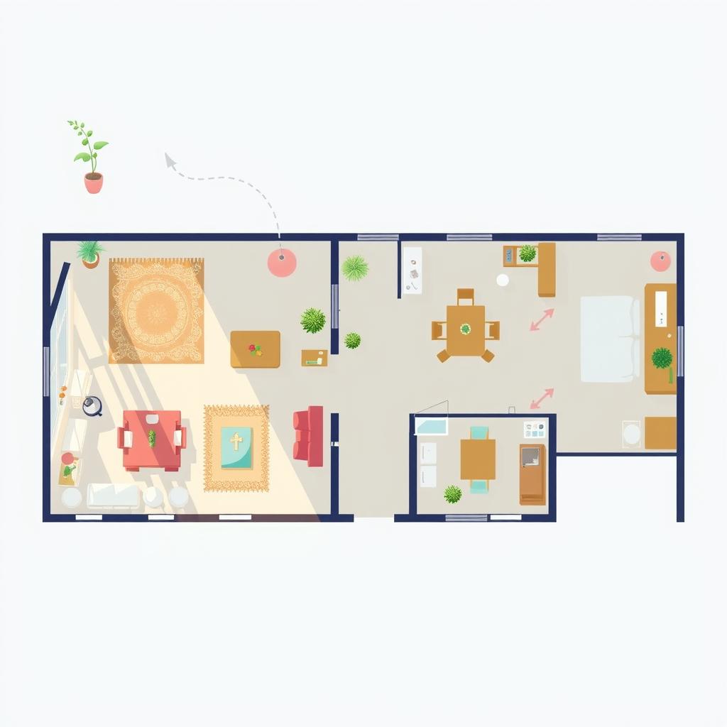 An artistic representation of space distribution within a floor plan, featuring distinct areas such as living spaces, bedrooms, dining rooms, and kitchen