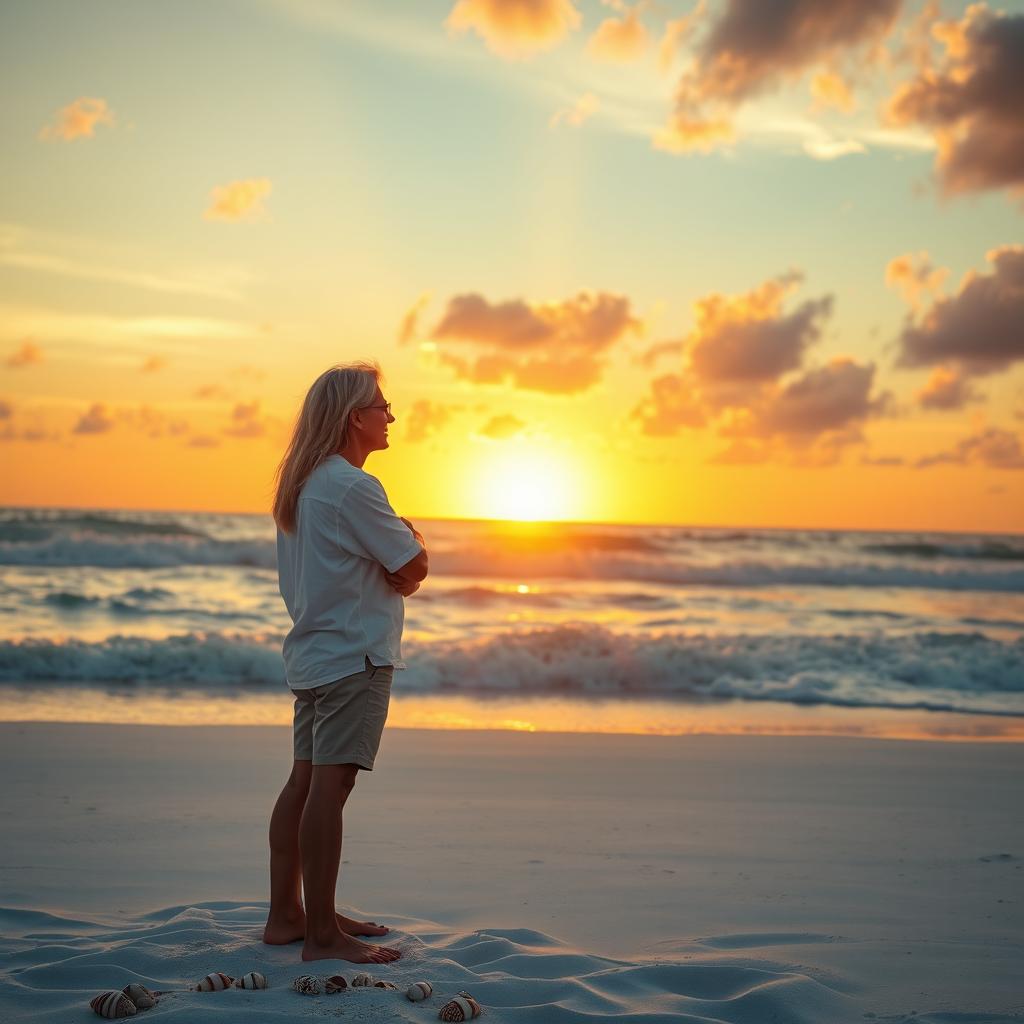 A romantic sunset scene featuring two people with light blonde hair embracing on a beach