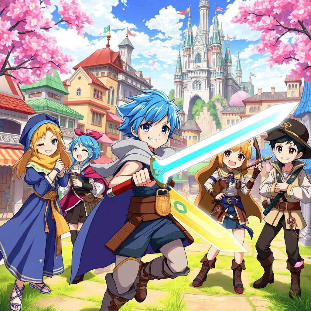 A vibrant anime scene featuring a group of diverse characters in a fantastical city