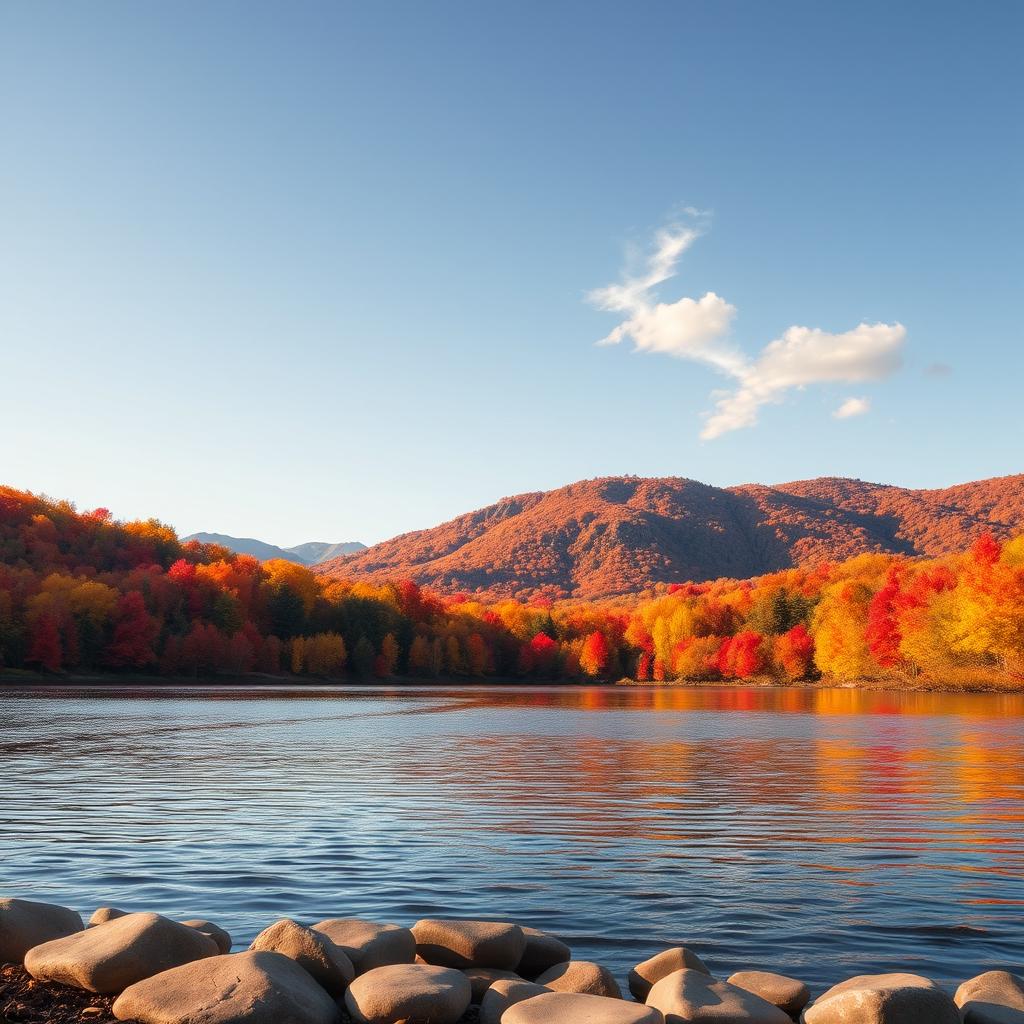 An artistic representation showcasing a serene landscape featuring a tranquil lake surrounded by vibrant fall foliage, the colors ranging from deep reds to bright yellows and oranges