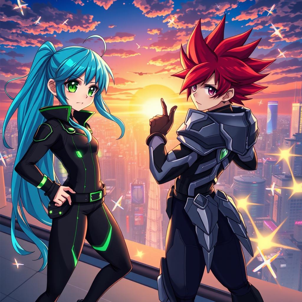 A vibrant and dynamic scene featuring two anime characters, designed with exaggerated and colorful features typical of anime style