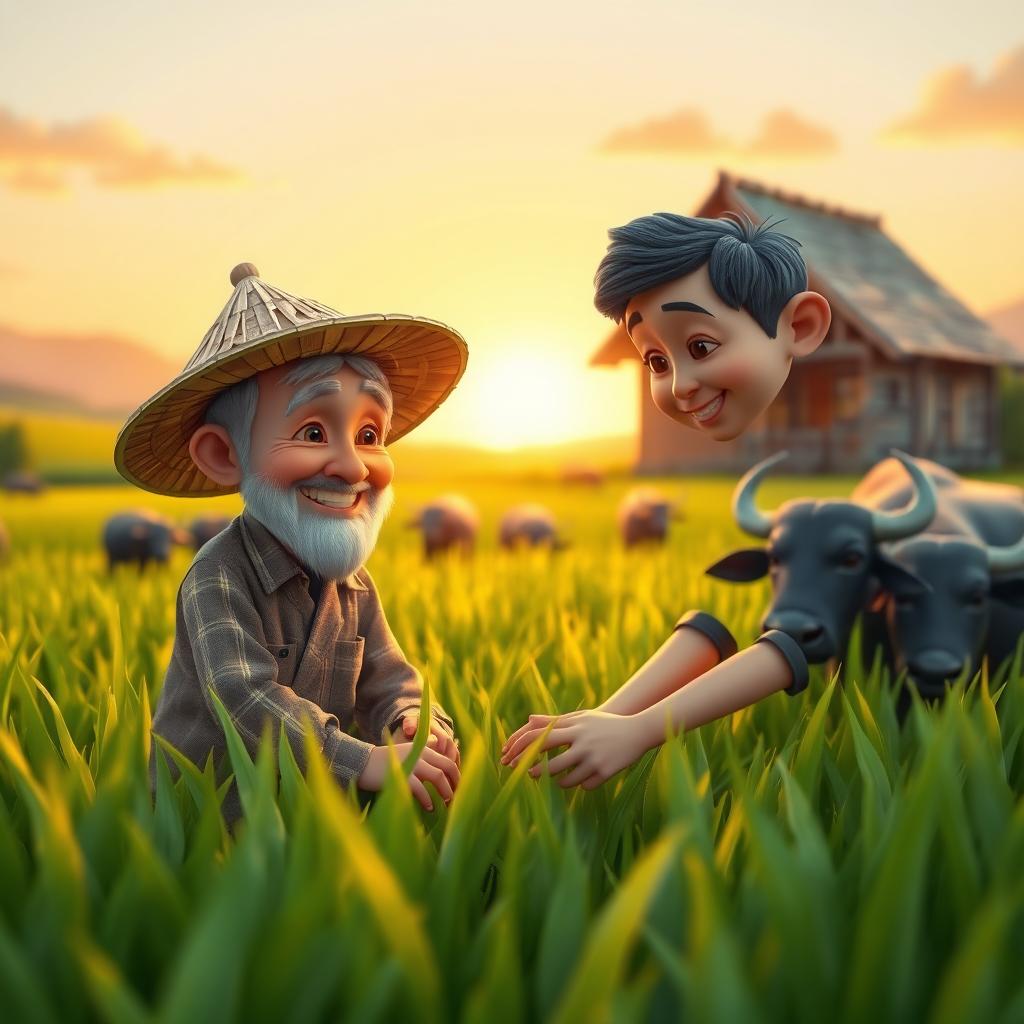 A heartwarming countryside scene featuring an elderly farmer and a young boy in a lush green rice field