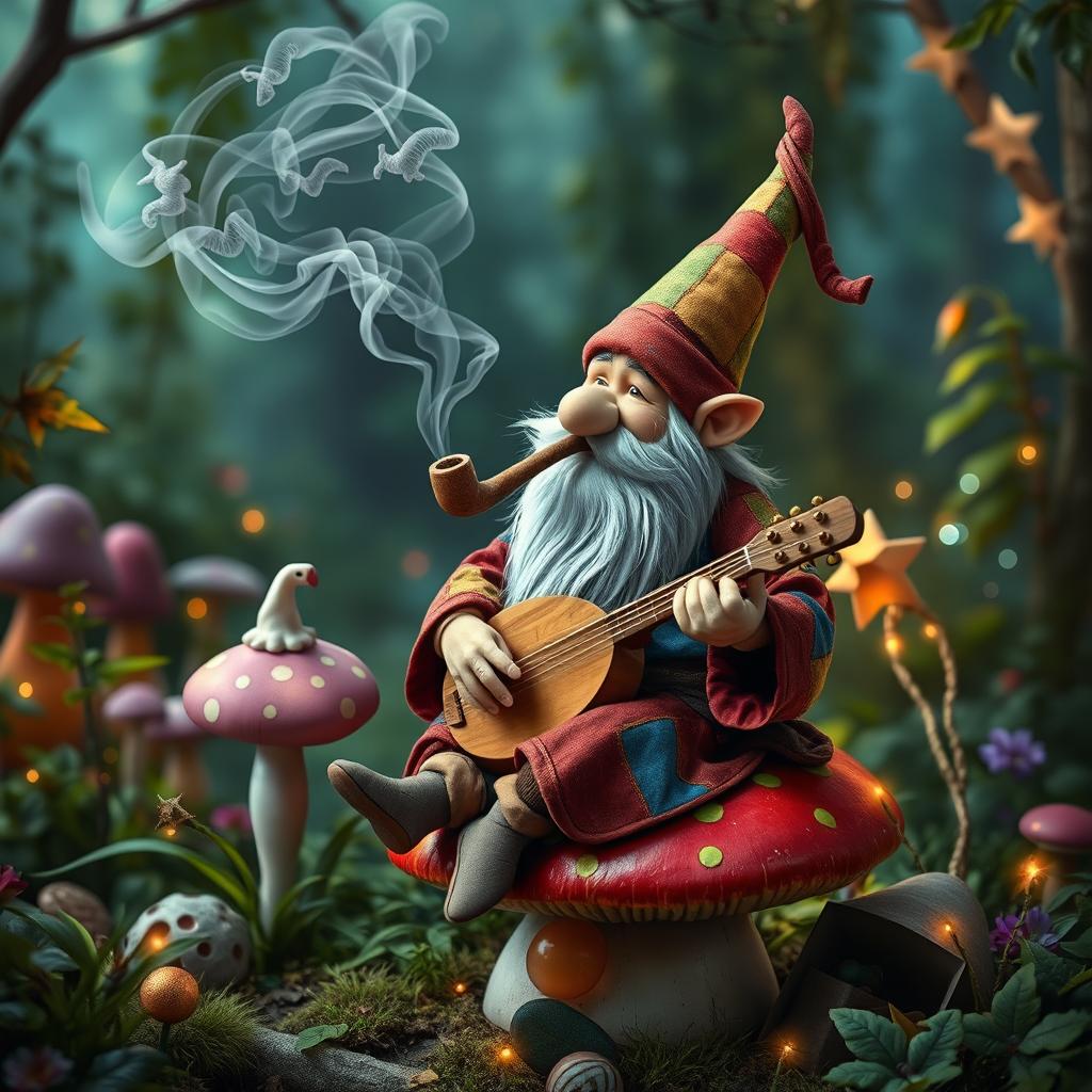 A whimsical gnome bard smoking a magical pipe, sitting on a colorful mushroom in an enchanted forest