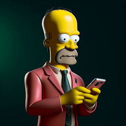 Homer Simpson in a stylish suit, intently texting on a modern smartphone. His facial expression shows concentration, and a hint of confusion typical of the character dealing with technology.