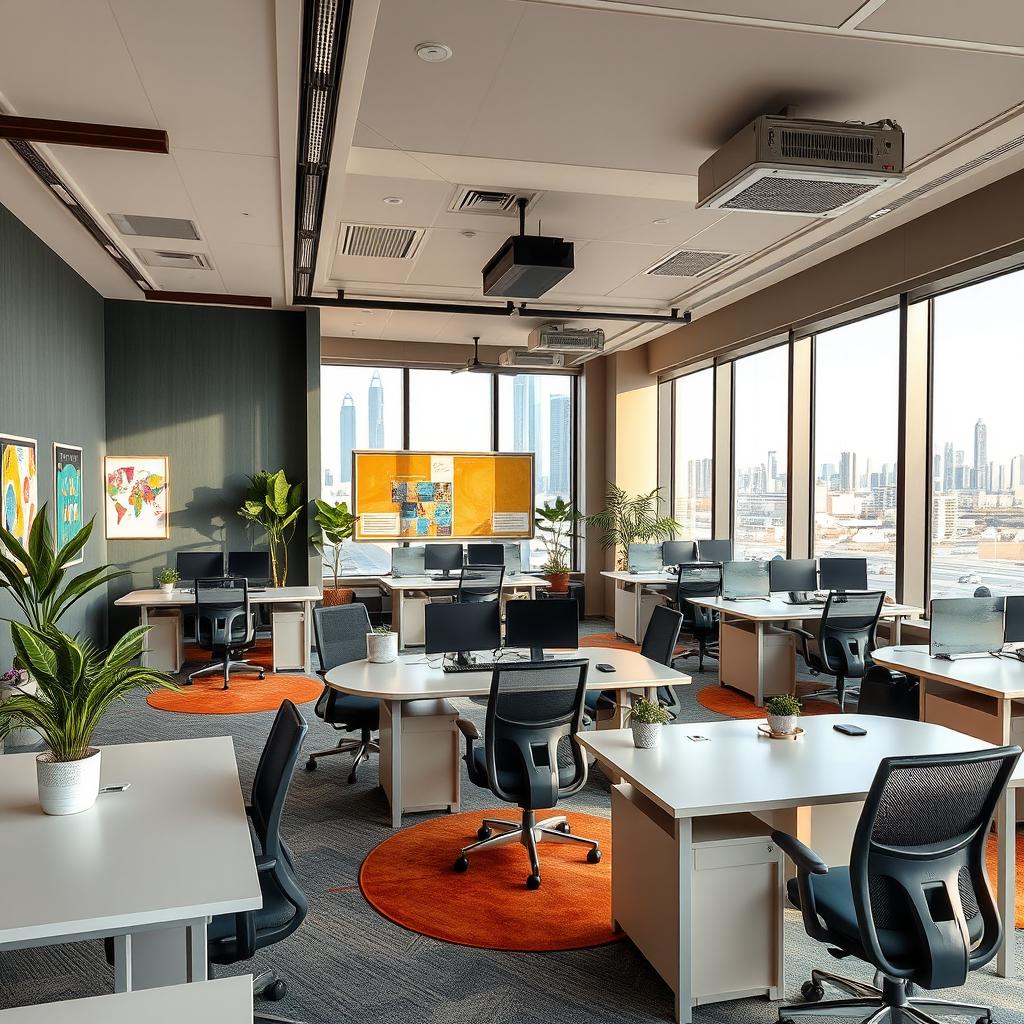 A vibrant theatre work office area located in Abu Dhabi Arena, featuring modern design elements and collaborative workspaces