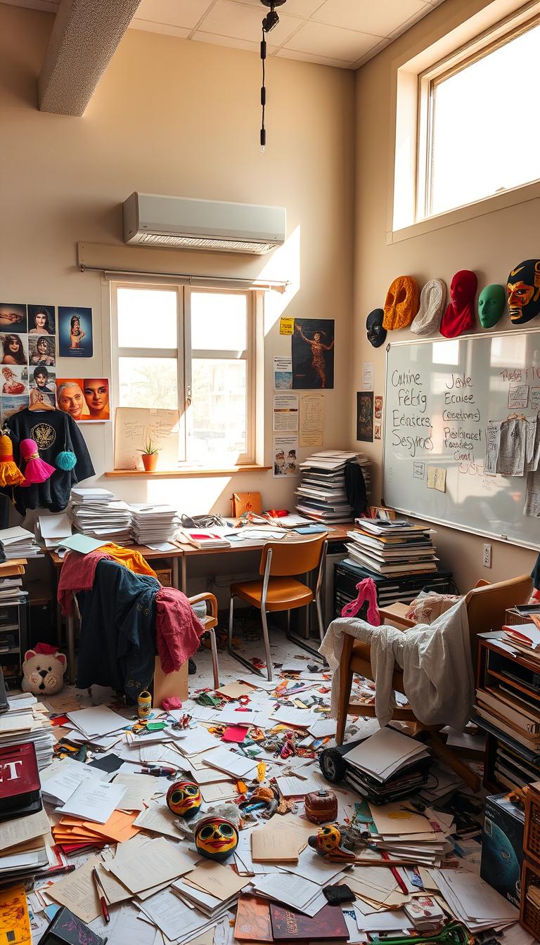 A messy office area within a theater work setting, located at the Abu Dhabi arena