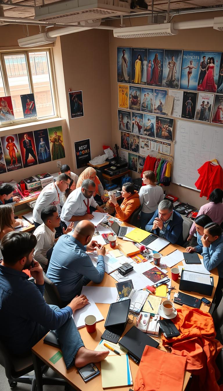A busy office area within a theater work setting at the Abu Dhabi arena