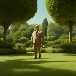 Homer Simpson in a sleek suit, leisurely walking through a verdant park, holding and sipping from a can. The surrounding scenery is lush and serene, providing a pleasant backdrop to the casual activity.