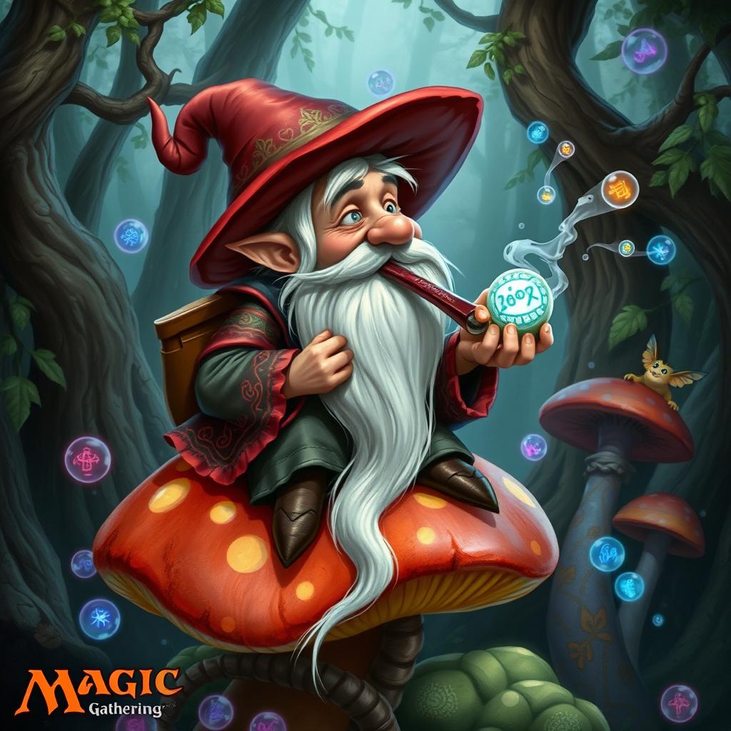 A whimsical gnome bard smoking a magical pipe in the style of Magic: The Gathering, perched atop a vibrant mushroom in a fantastical forest