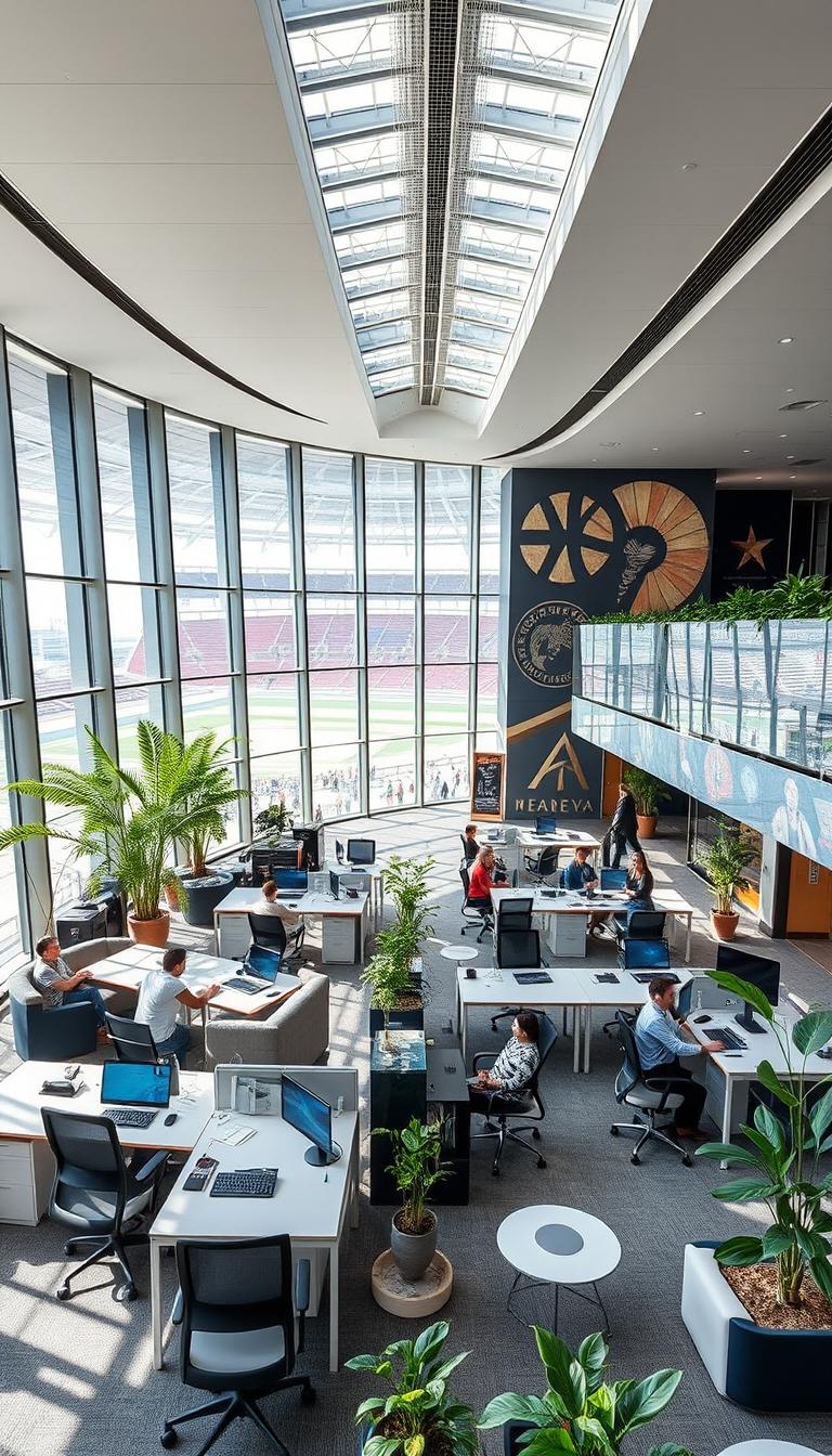 A modern and spacious theatre work office area located in the Abu Dhabi Arena, showcasing sleek design elements