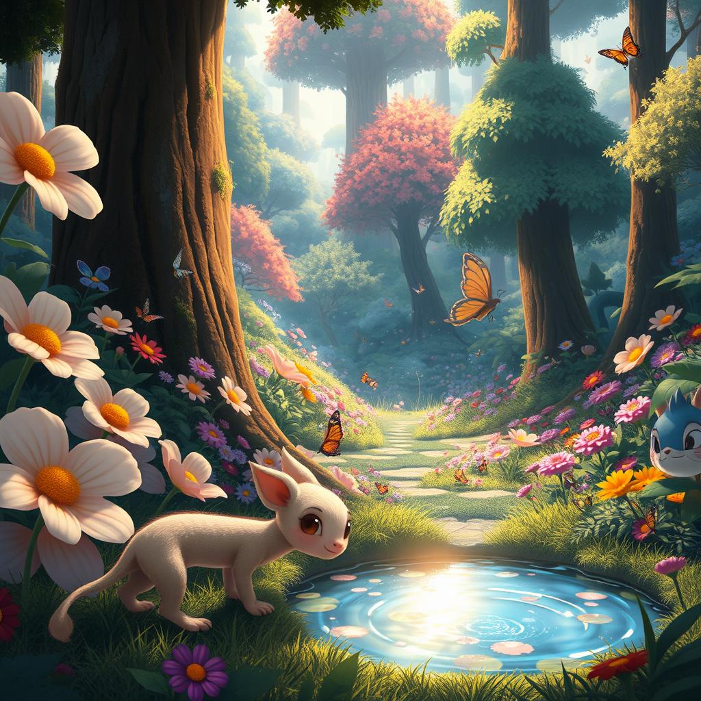 A whimsical and enchanting scene inspired by Studio Ghibli style, depicting a lush, vibrant forest filled with oversized, colorful flowers and towering trees