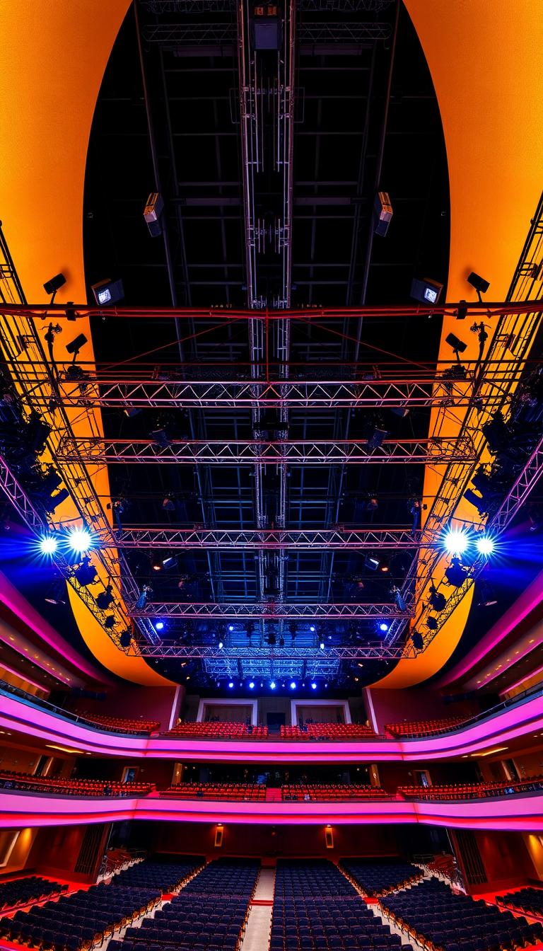 An expansive view of the theatre grid system inside the Abu Dhabi Arena, showcasing the intricate and complex rigging setup