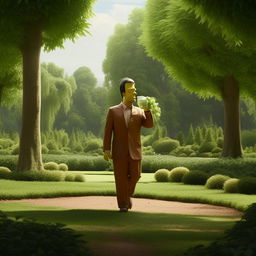 Homer Simpson in a sleek suit, leisurely walking through a verdant park, holding and sipping from a can. The surrounding scenery is lush and serene, providing a pleasant backdrop to the casual activity.