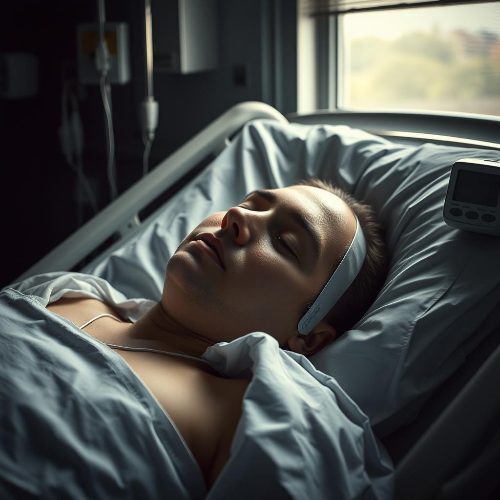 A dramatic hospital scene depicting a person in a coma
